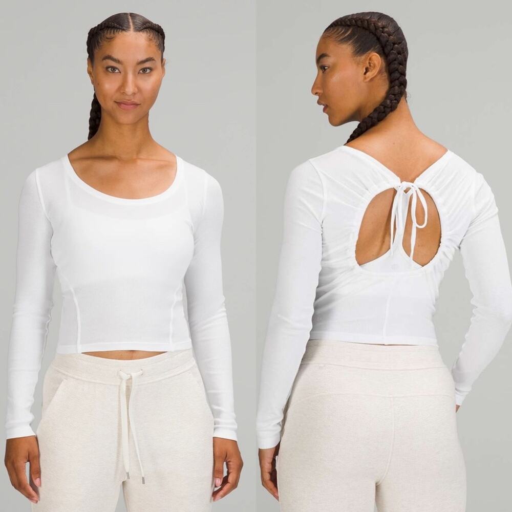 NWT Lululemon Ribbed Open Back Tie Long Sleeve White Sz 12 Cropped